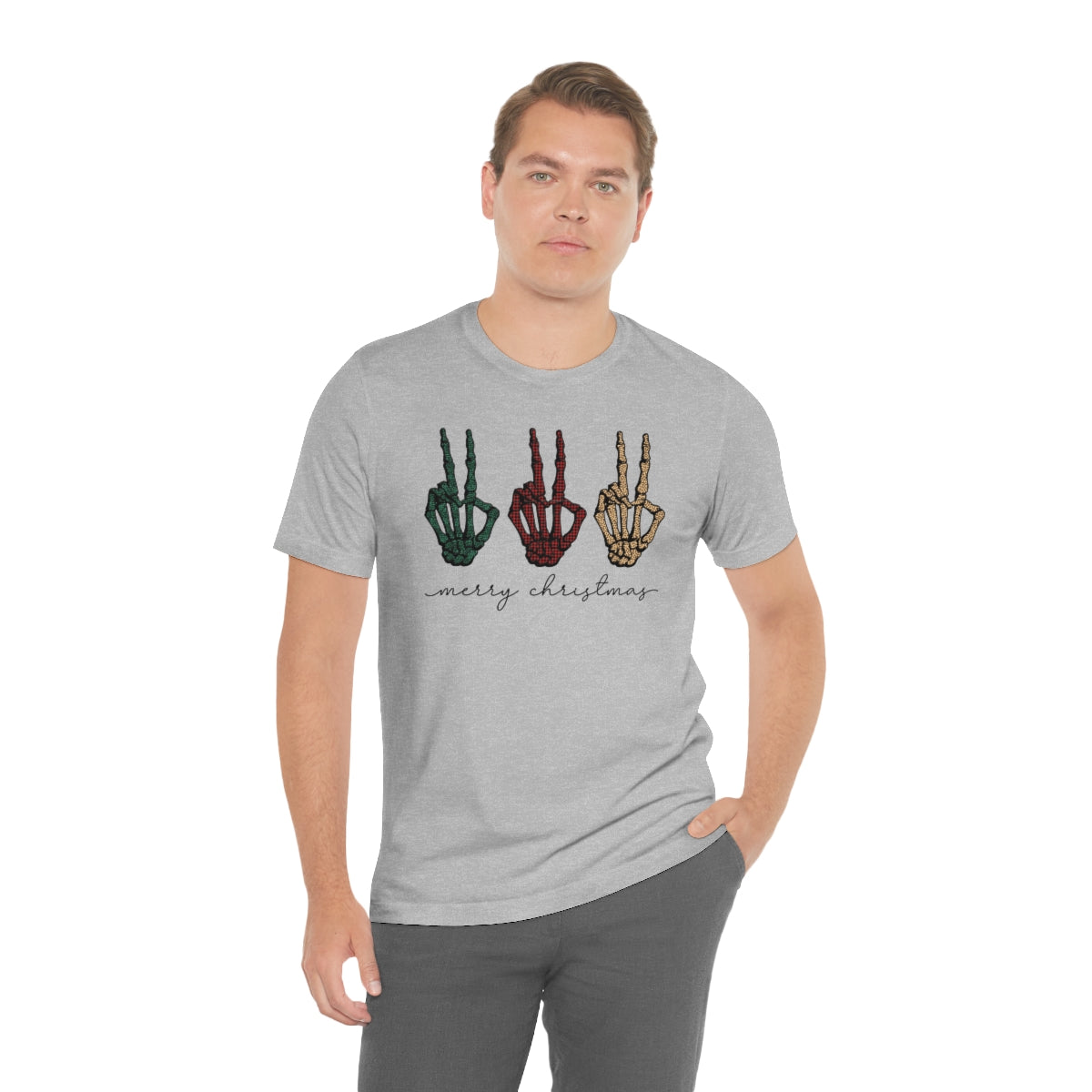 Three Peace Signs Skeleton Hands Spooky Merry Christmas Script Tshirt