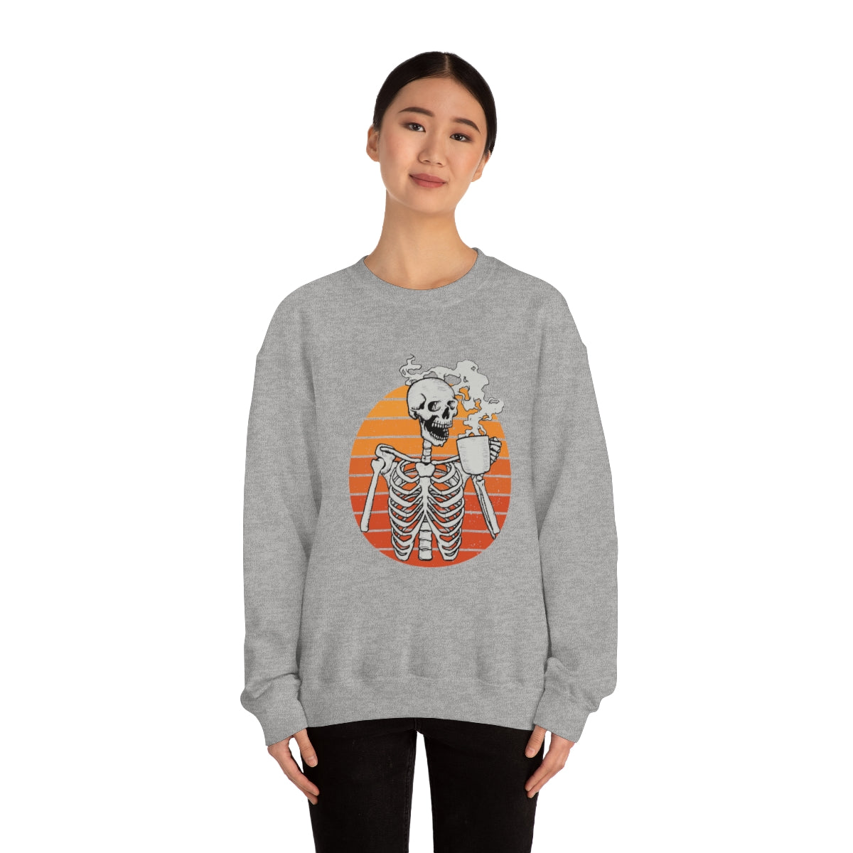 Skeleton Drinking Coffee Sweatshirt, Skeleton Sweater, Coffee Lover Sweatshirt, Halloween Crewneck Sweatshirt, Halloween Sweater, Spooky Season, Fall Shirts on Unisex Heavy Blend™ Crewneck Sweatshirt