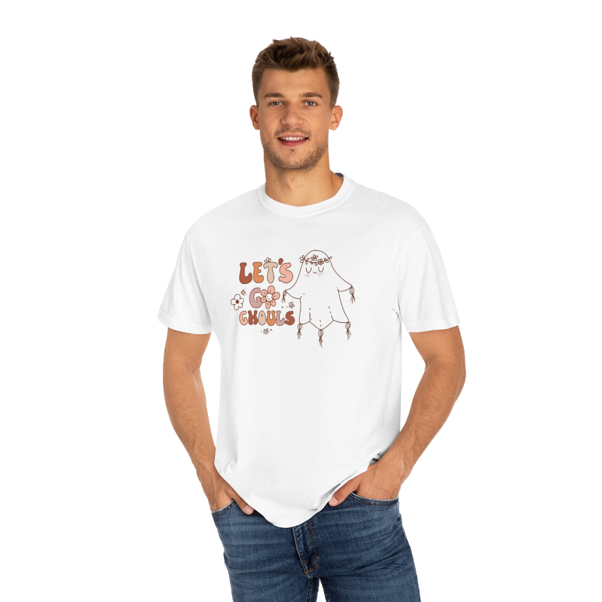 Let's Go Ghouls Cute Ghost with Retro Lettering Design, Halloween Tshirt, Funny Tshirt Design on Unisex Garment-Dyed T-shirt