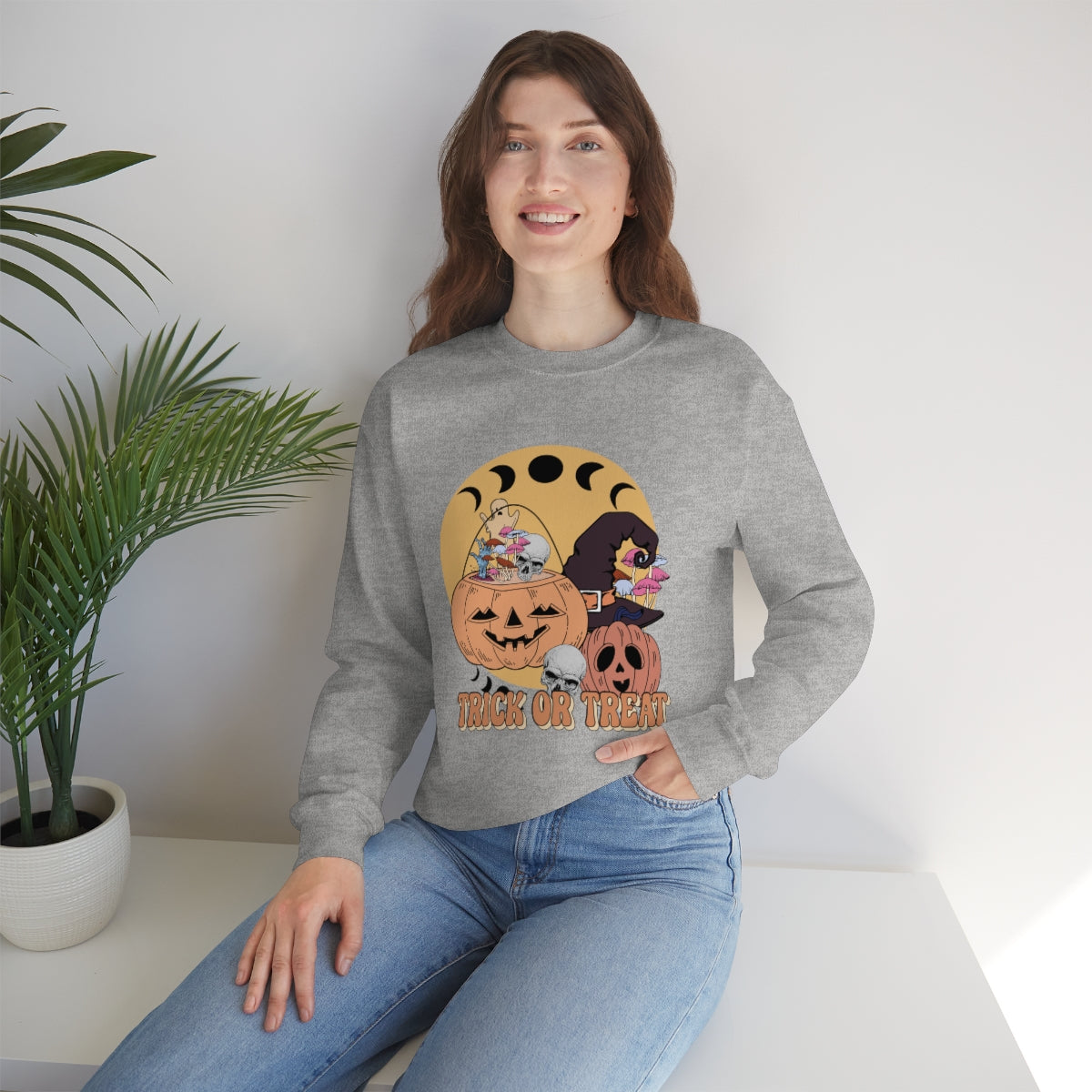 Trick or Treat Vintage Halloween Style Sweatshirt, Halloween Crewneck Sweatshirt, Halloween Sweater, Spooky Season, Fall Theme on Unisex Heavy Blend™ Crewneck Sweatshirt