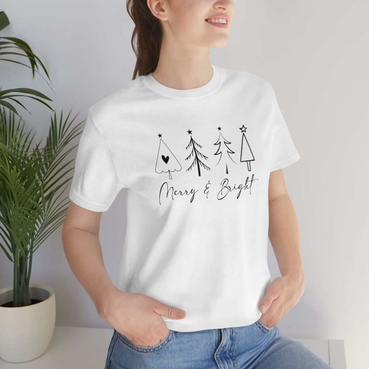 Merry & Bright Delicate Style Lettering Christmas Cute Xmas Holiday Tshirt