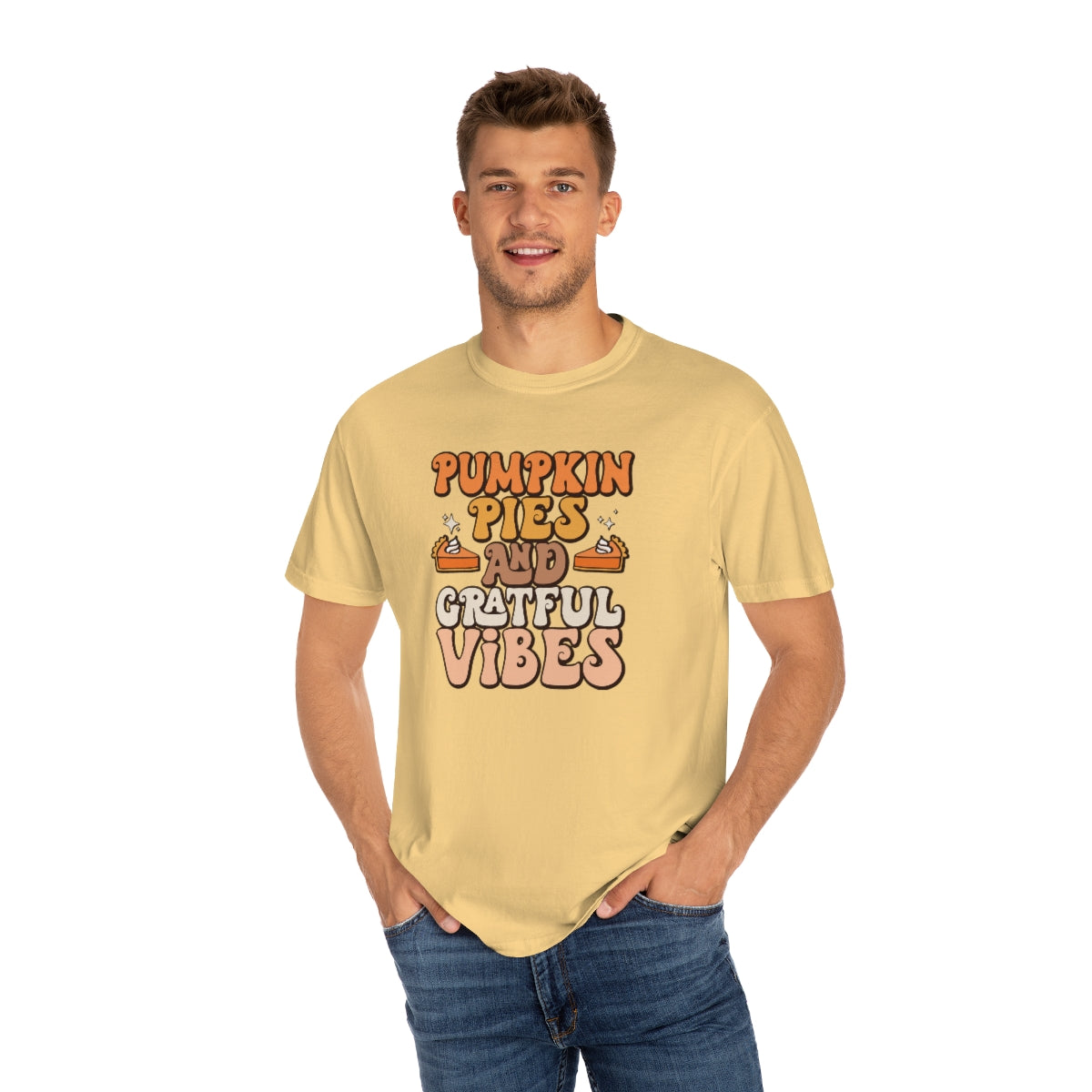 Pumpkin Pies & Grateful Vibes Thanksgiving TeeShirt Design | Thanksgiving T-Shirt | Retro Thanksgiving Shirt Design | Thanksgiving TShirt | Thanksgiving Lover Shirt | Funny Thanksgiving Tee Shirt Design on Unisex Garment-Dyed T-shirt