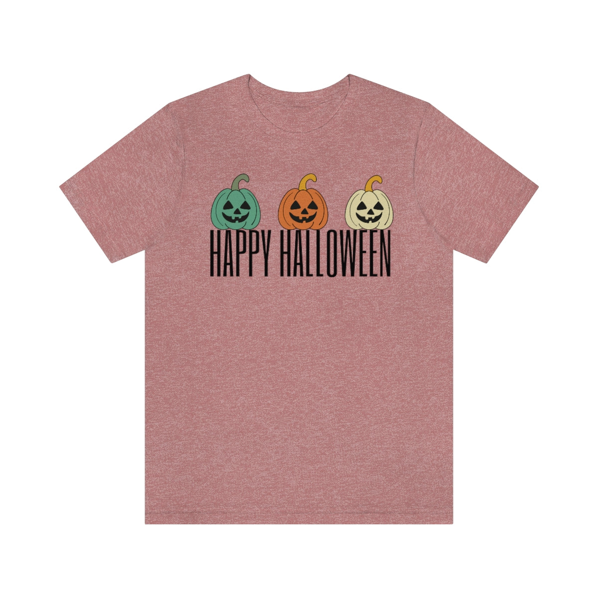 Three Pumpkins Retro Cute Happy Halloween TShirt Design on Unisex Jersey Short Sleeve Tee