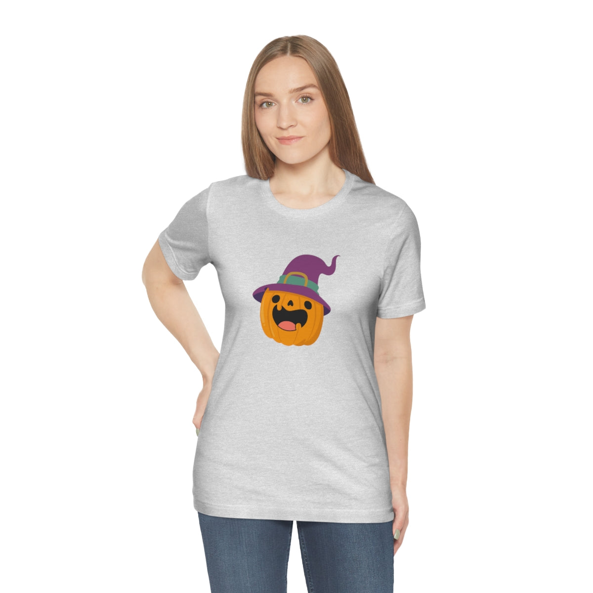 Pumpkin with Purple Hat Happy Halloween Tshirt, Funny Halloween T-Shirt Design on Unisex Jersey Short Sleeve Tee