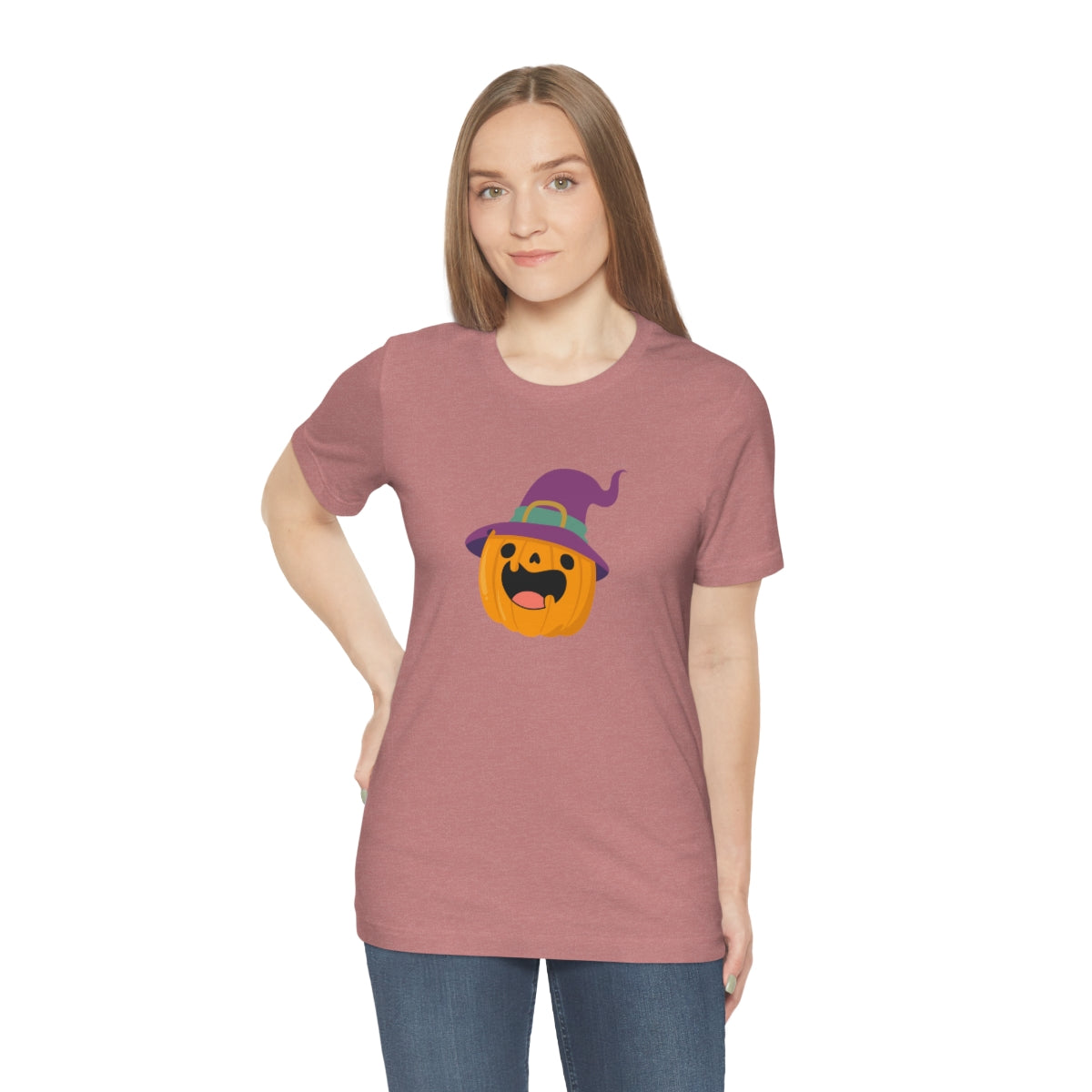 Pumpkin with Purple Hat Happy Halloween Tshirt, Funny Halloween T-Shirt Design on Unisex Jersey Short Sleeve Tee