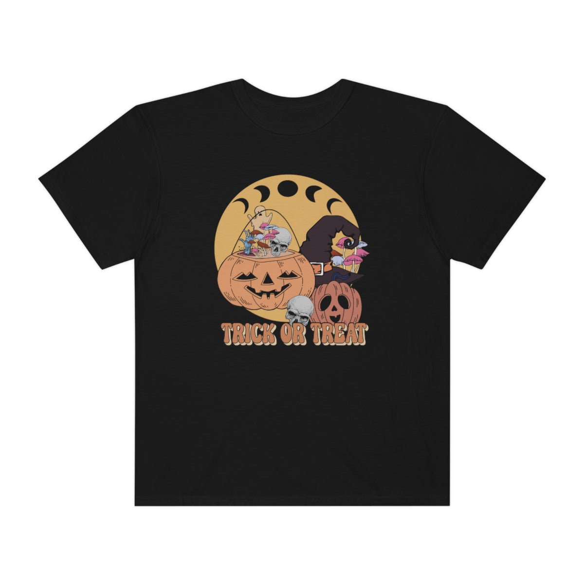 Trick or Treat Retro Vintage Style Halloween Teeshirt Design on Unisex Garment-Dyed T-shirt