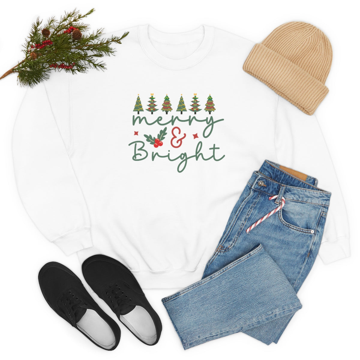 Cute Merry & Bright Christmas Trees Lights Xmas Holiday Sweatshirt