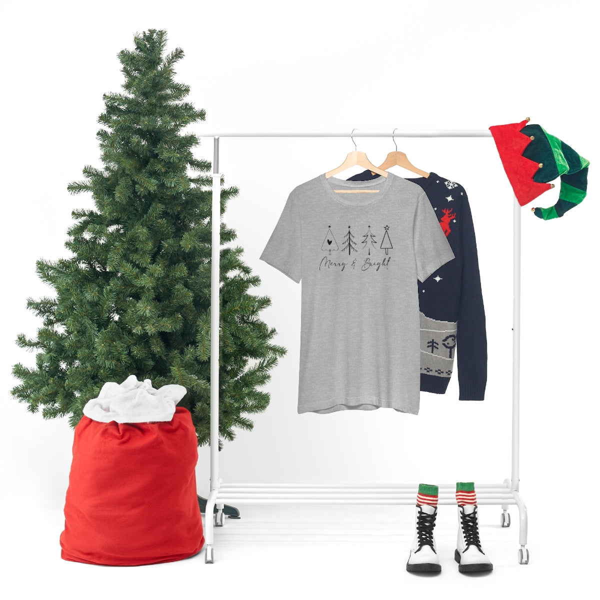 Merry & Bright Delicate Style Lettering Christmas Cute Xmas Holiday Tshirt