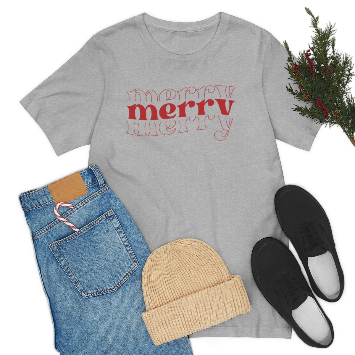 Merry Merry Merry Red Cute Christmas Holiday Tshirt