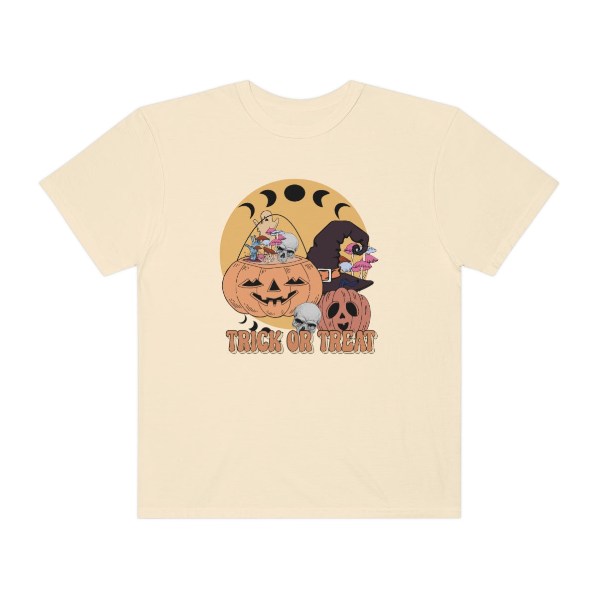 Trick or Treat Retro Vintage Style Halloween Teeshirt Design on Unisex Garment-Dyed T-shirt