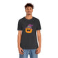 Pumpkin with Purple Hat Happy Halloween Tshirt, Funny Halloween T-Shirt Design on Unisex Jersey Short Sleeve Tee