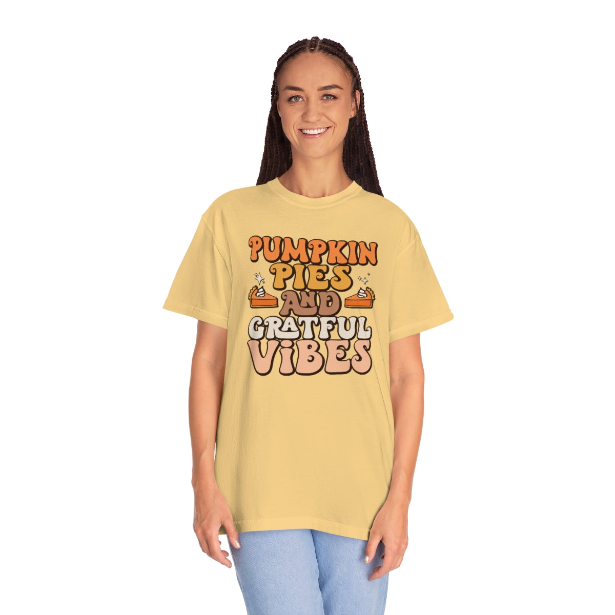 Pumpkin Pies & Grateful Vibes Thanksgiving TeeShirt Design | Thanksgiving T-Shirt | Retro Thanksgiving Shirt Design | Thanksgiving TShirt | Thanksgiving Lover Shirt | Funny Thanksgiving Tee Shirt Design on Unisex Garment-Dyed T-shirt