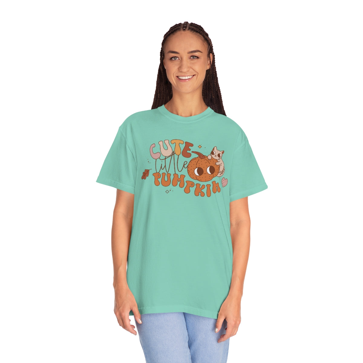 Cute Little Pumpkin with Black Cat and Retro Lettering Design, Halloween Tshirt, Funny Tshirt Design on Unisex Garment-Dyed T-shirt