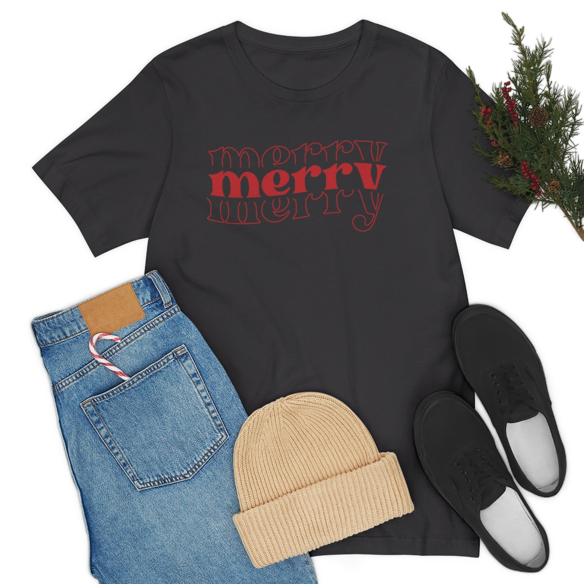 Merry Merry Merry Red Cute Christmas Holiday Tshirt