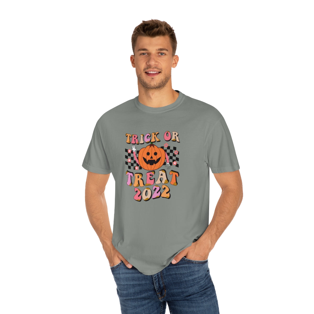 Trick or Treat Halloween 2022 Cute Retro Teeshirt Design on Unisex Garment-Dyed T-shirt