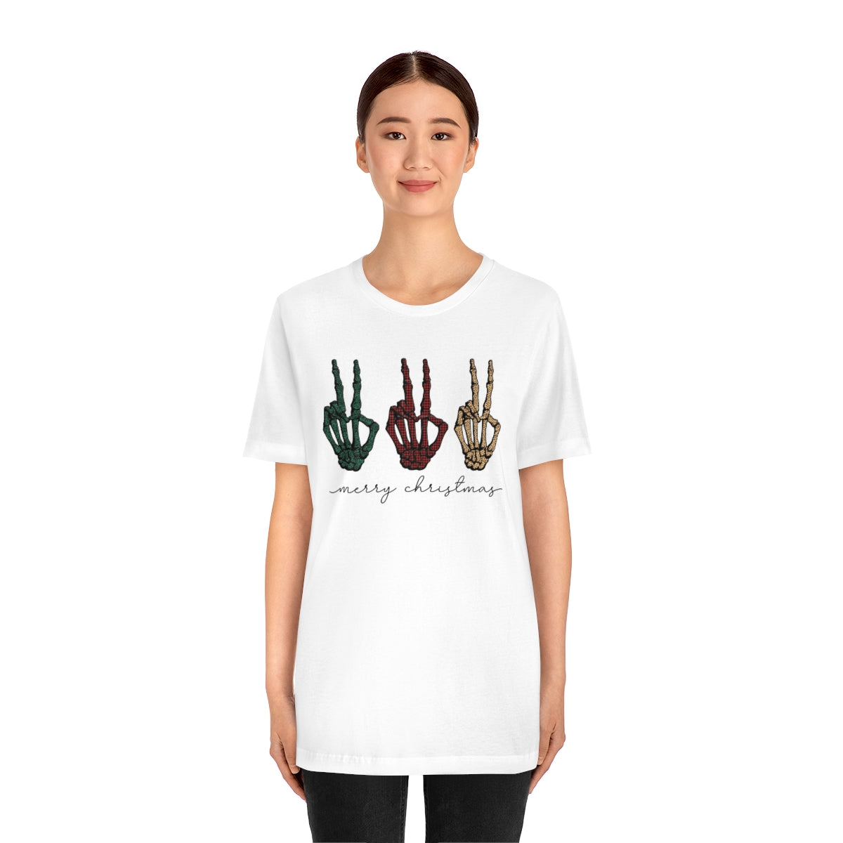 Three Peace Signs Skeleton Hands Spooky Merry Christmas Script Tshirt