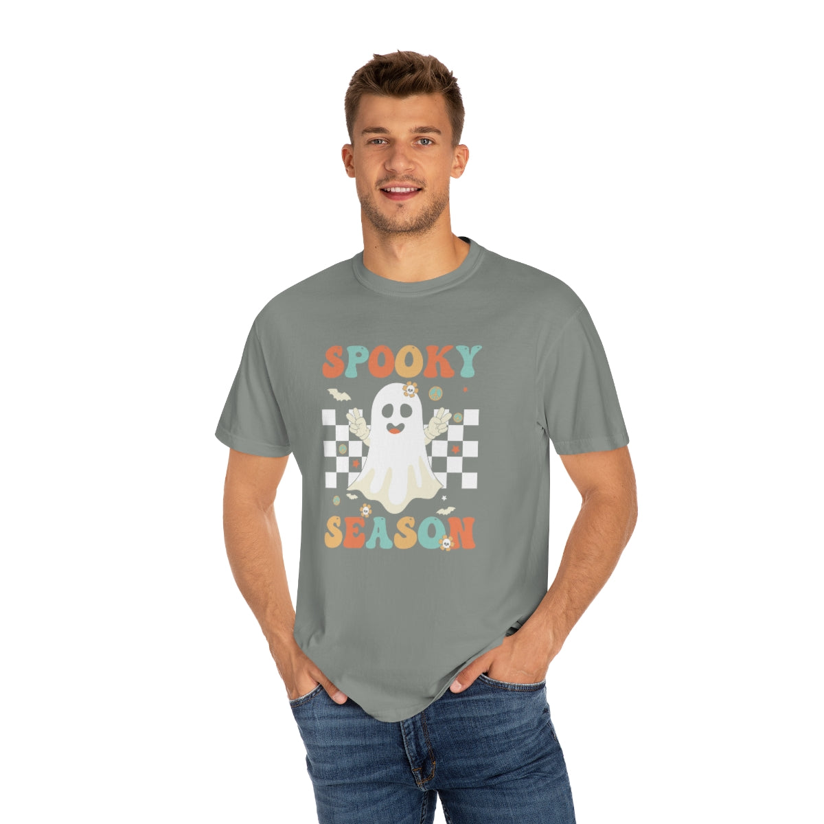 Spooky Season Halloween with Checkerboard Cute Retro Design, Halloween Tshirt, Funny Tshirt Design on Unisex Garment-Dyed T-shirt