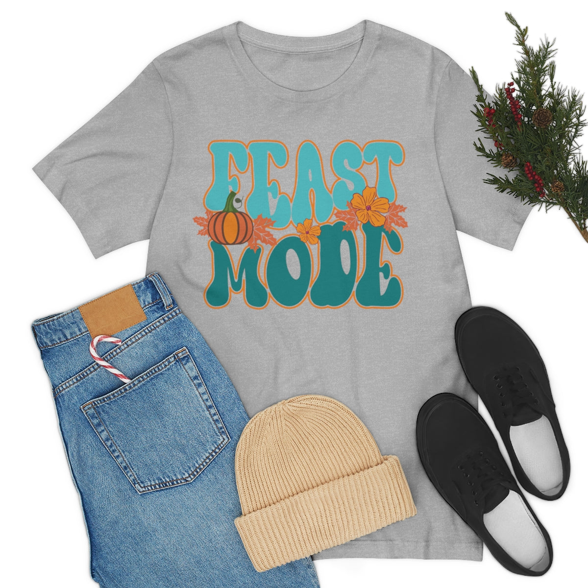 Feast Mode Cute Thanksgiving Tshirt Design | Thanksgiving TShirt | Thanksgiving T-Shirt | Thanksgiving Teeshirt Design on Unisex Jersey Short Sleeve Tee