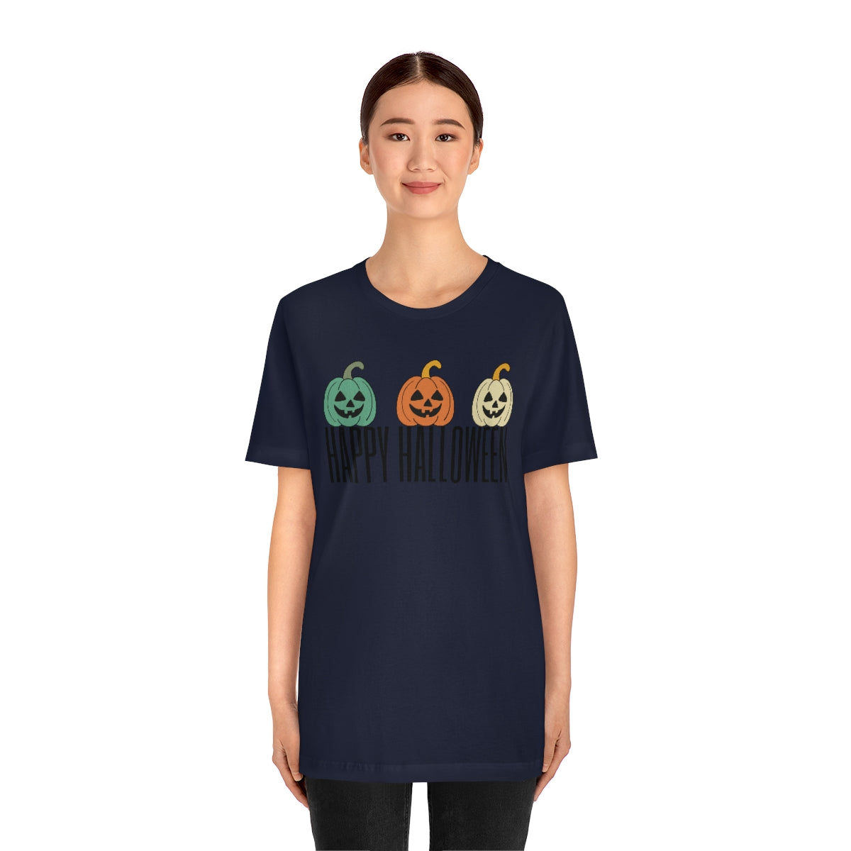 Three Pumpkins Retro Cute Happy Halloween TShirt Design on Unisex Jersey Short Sleeve Tee