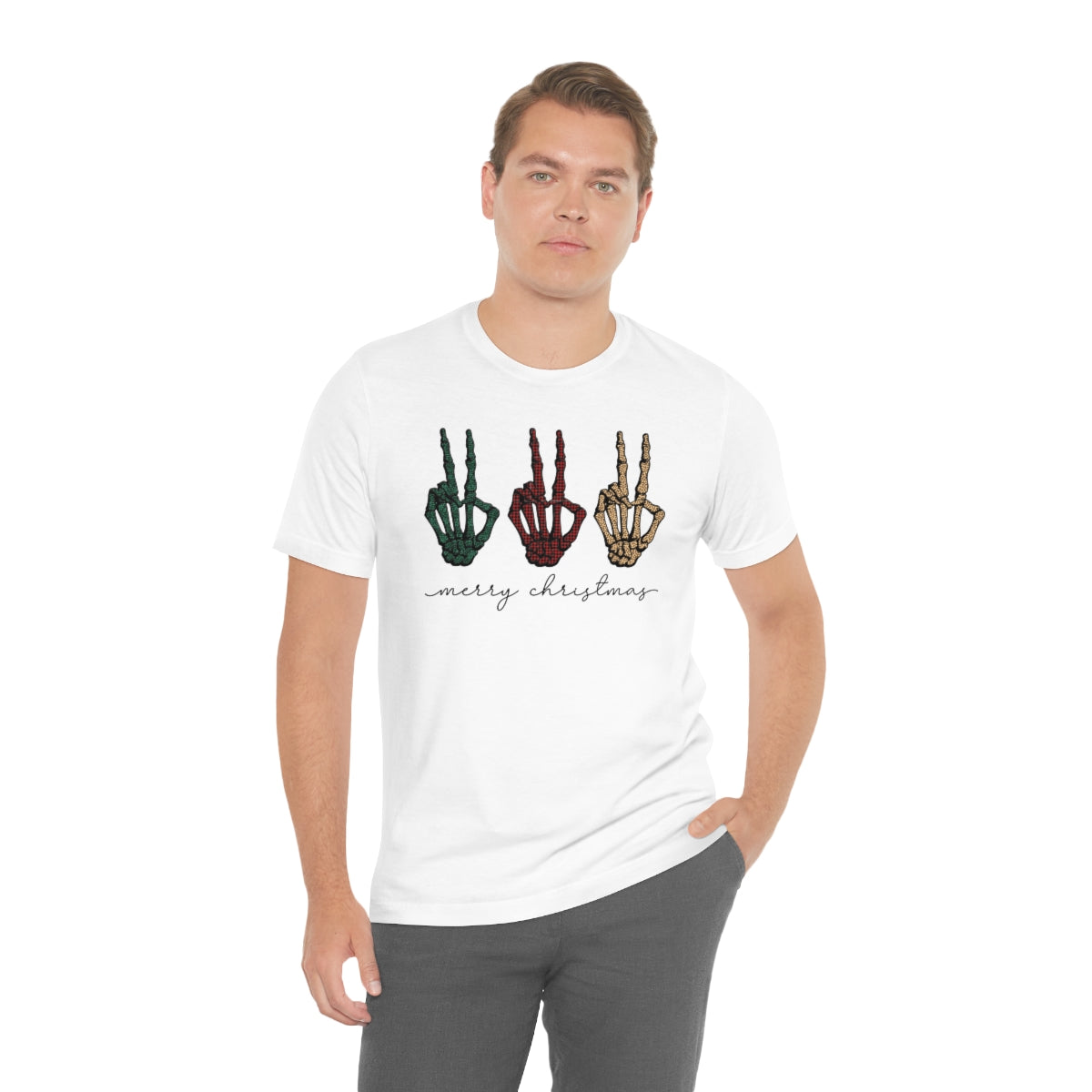 Three Peace Signs Skeleton Hands Spooky Merry Christmas Script Tshirt