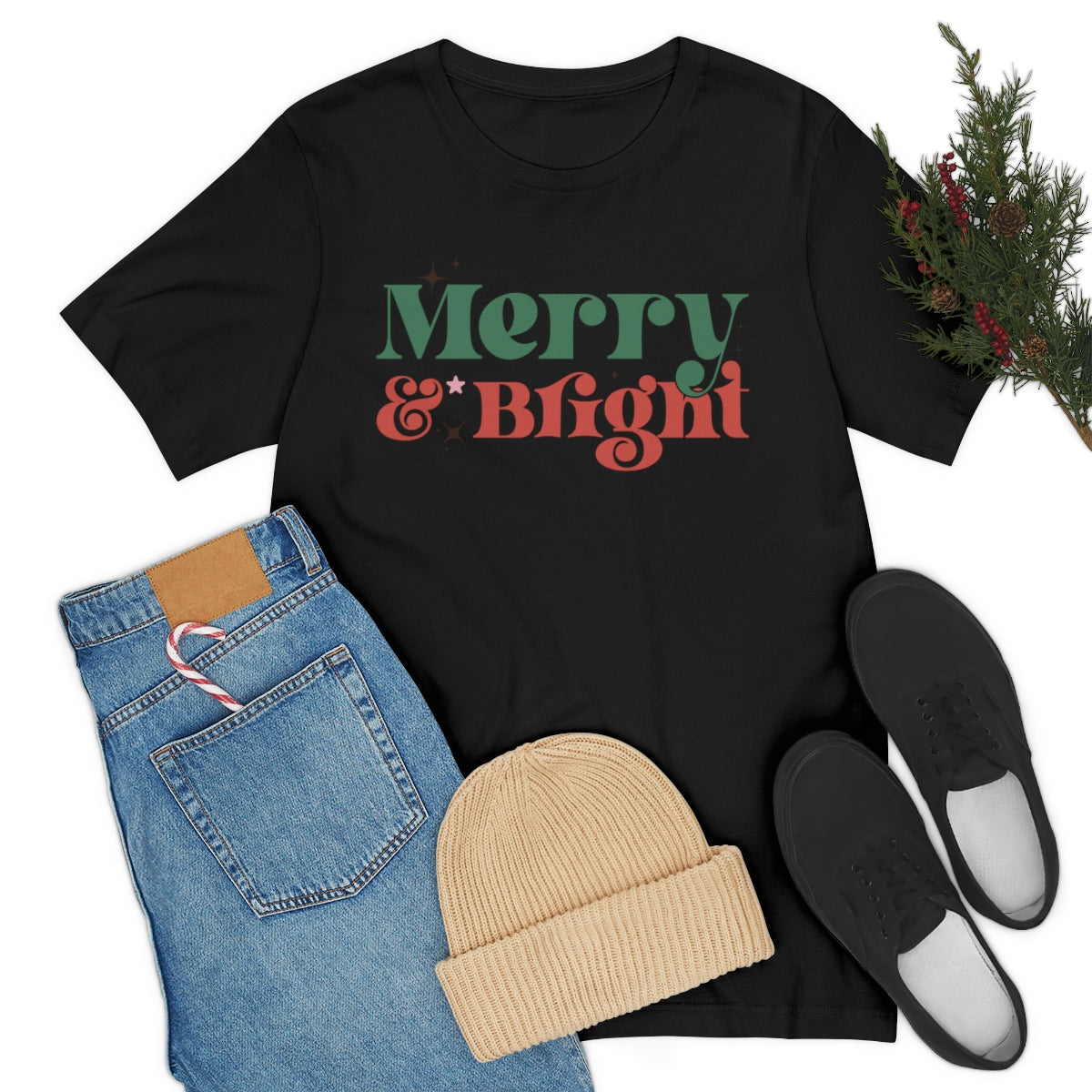 Retro Merry & Bright Vintage Style Christmas Xmas Holiday Tshirt