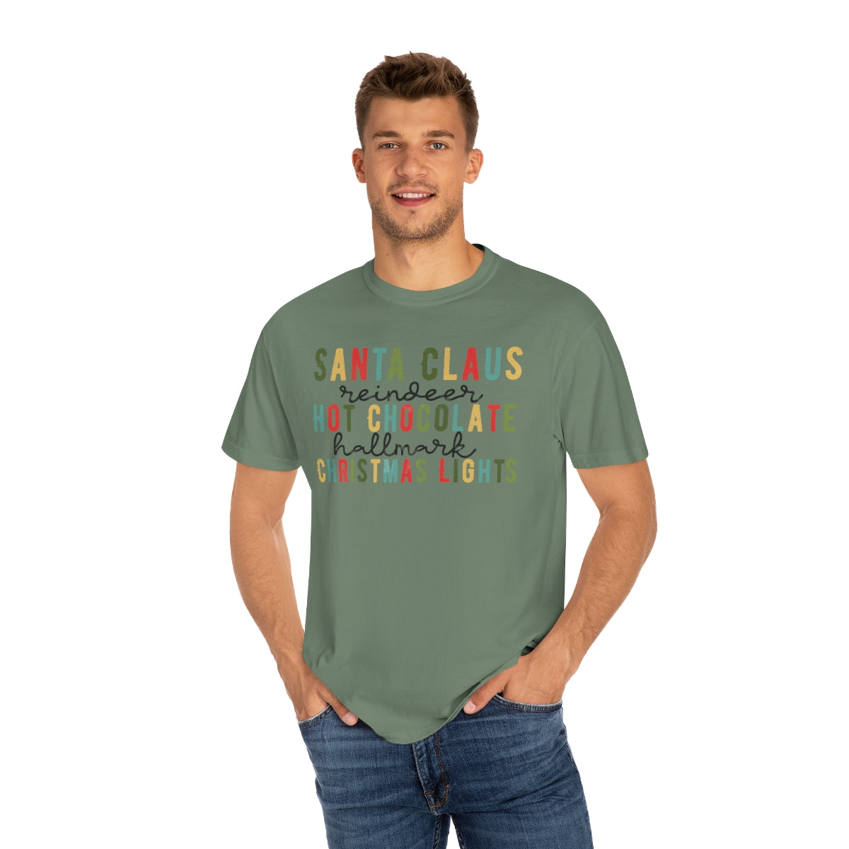 Santa Claus, Reindeer, Hot Chocolate, Hallmark & Christmas Lights Tshirt