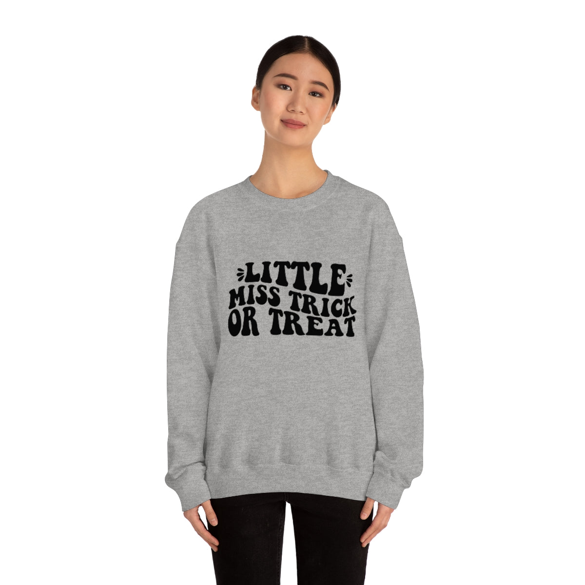 Little Miss Trick or Treat Halloween Sweatshirt, Crewneck Sweatshirt, Halloween Sweater, Spooky Season, Fall Theme on Unisex Heavy Blend™ Crewneck Sweatshirt