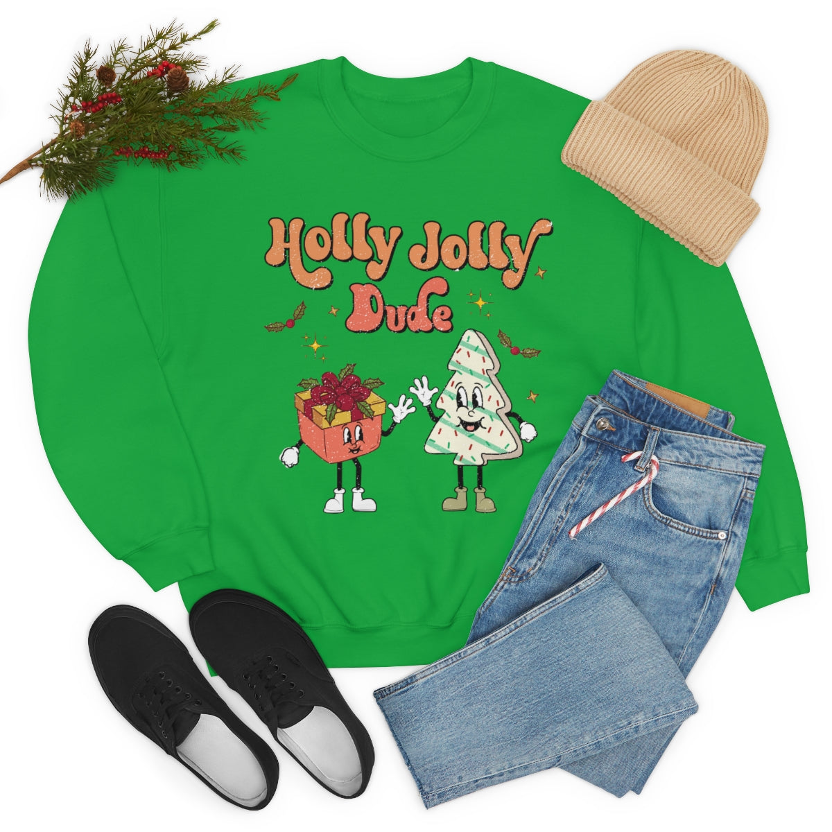 Holly Jolly Dude Groovy Retro Vintage Style Christmas Xmas Holiday Sweatshirt