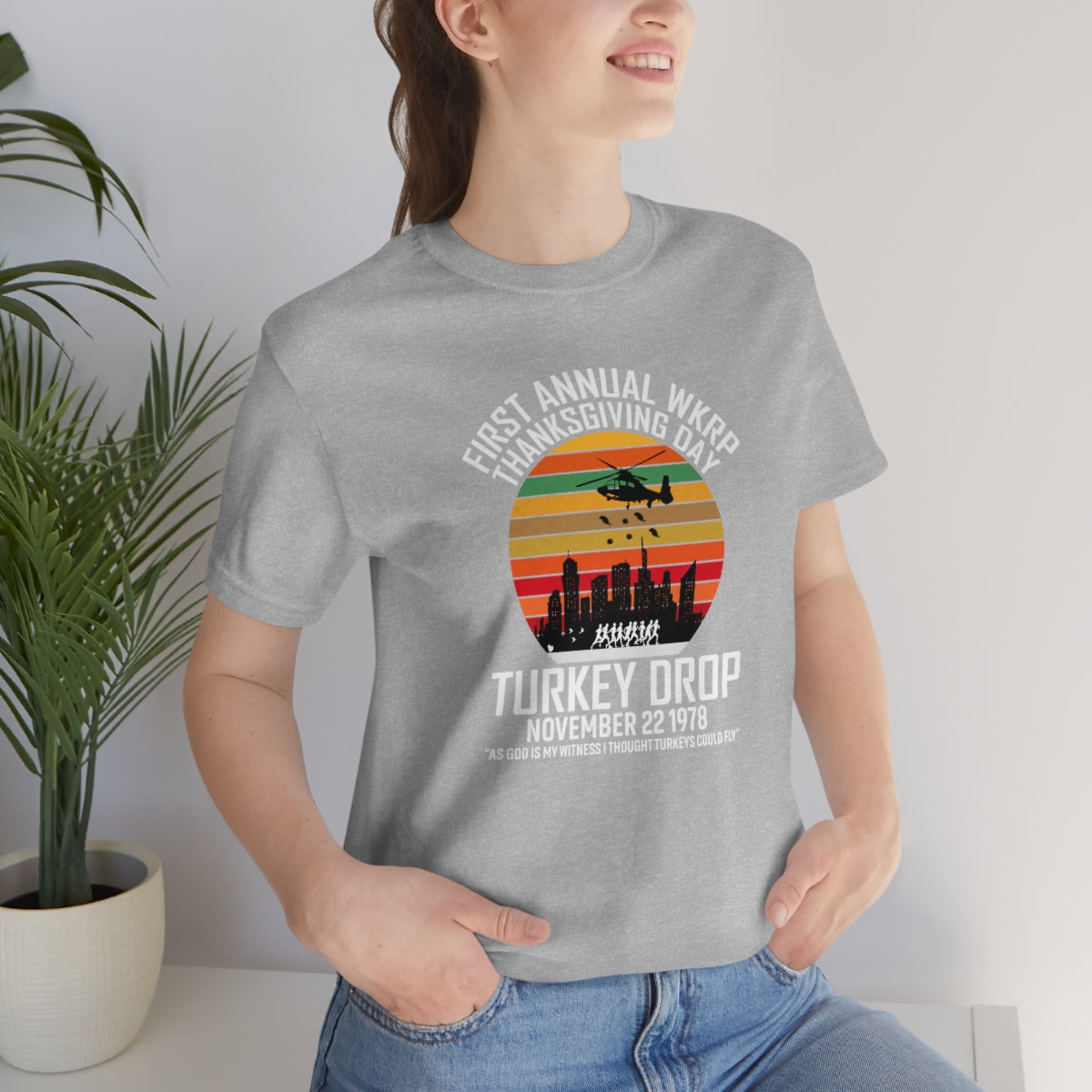 WKRP Turkey Drop Thanksgiving Teeshirt on Unisex Jersey Short Sleeve Tee