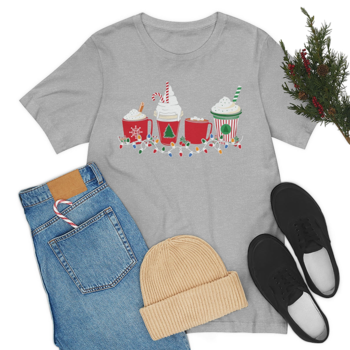 Starbucks Themed Peppermint Coffee Cups Christmas Holiday Tshirt