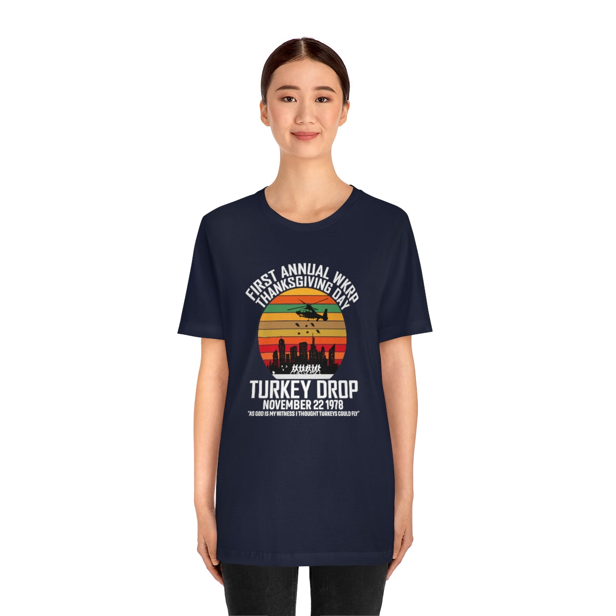 WKRP Turkey Drop Thanksgiving Teeshirt on Unisex Jersey Short Sleeve Tee