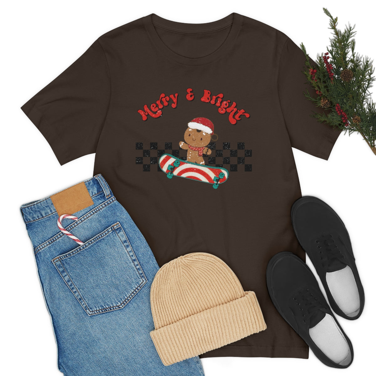 Merry & Bright Skating Gingerbread Christmas Tshirt