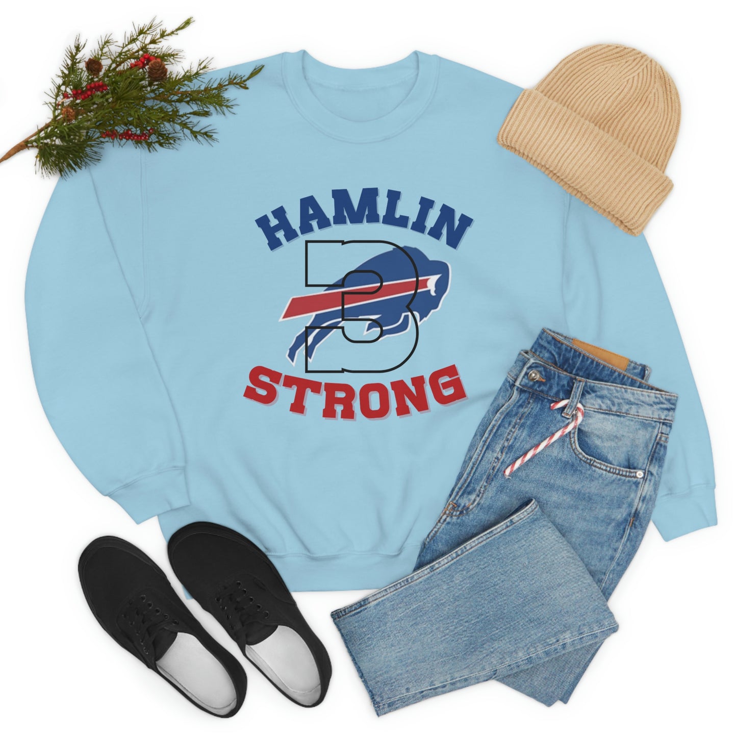 Hamlin Strong #3 Damar Hamlin Buffalo Bills Logo Crewneck Sweatshirt