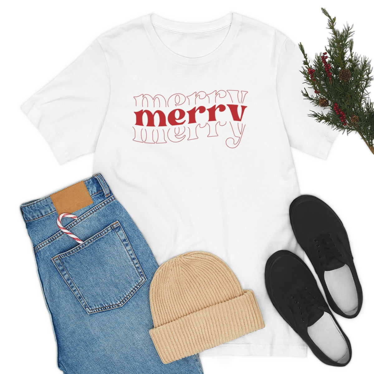 Merry Merry Merry Red Cute Christmas Holiday Tshirt