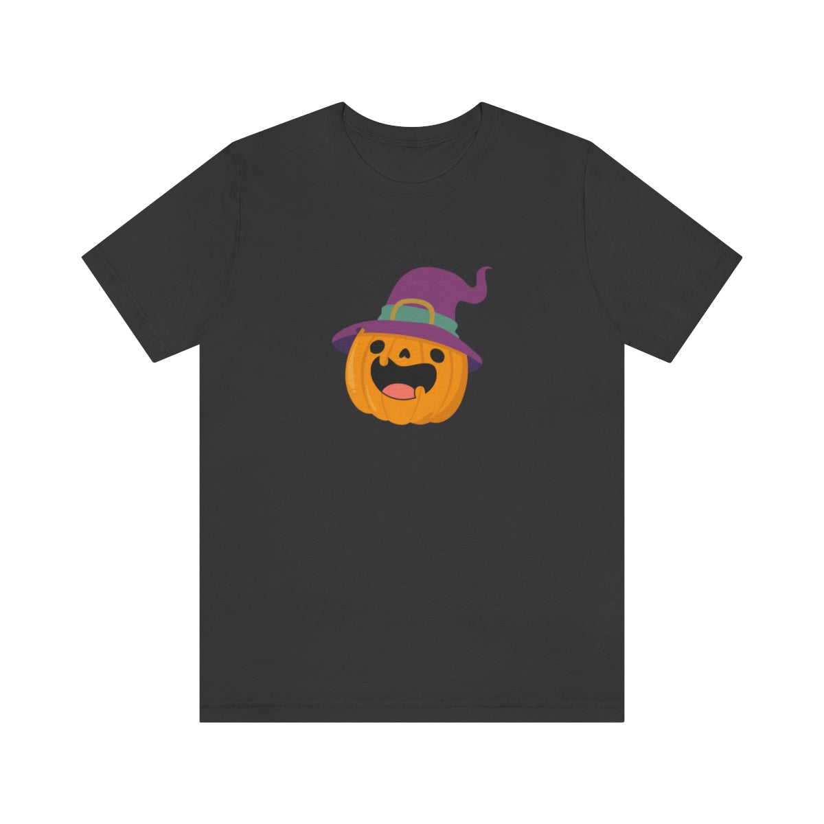 Pumpkin with Purple Hat Happy Halloween Tshirt, Funny Halloween T-Shirt Design on Unisex Jersey Short Sleeve Tee