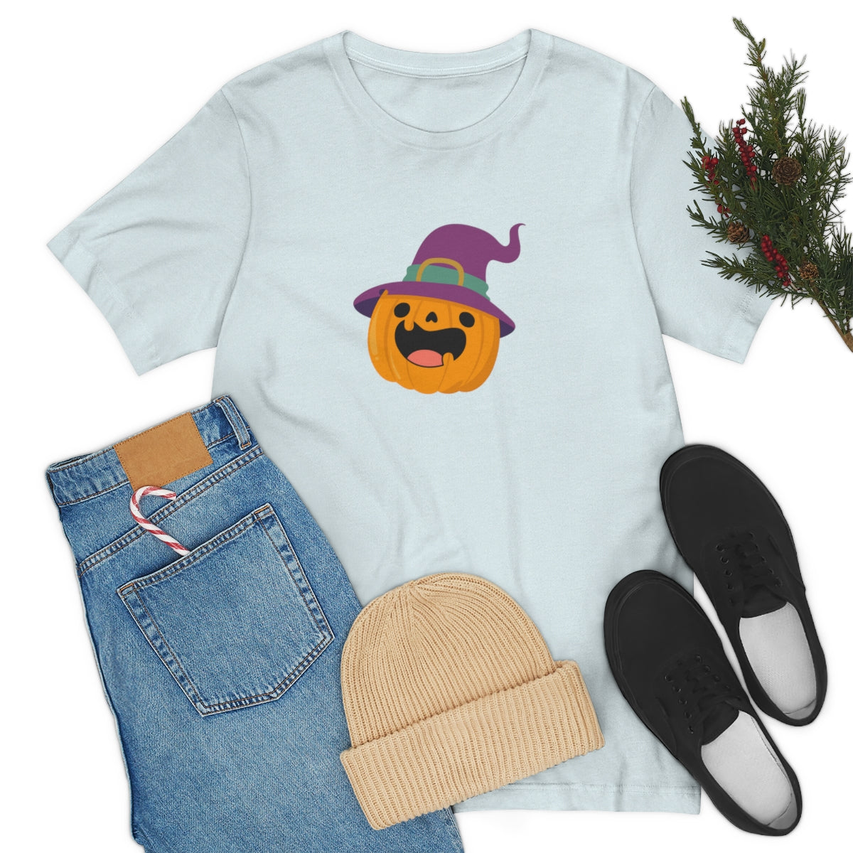 Pumpkin with Purple Hat Happy Halloween Tshirt, Funny Halloween T-Shirt Design on Unisex Jersey Short Sleeve Tee