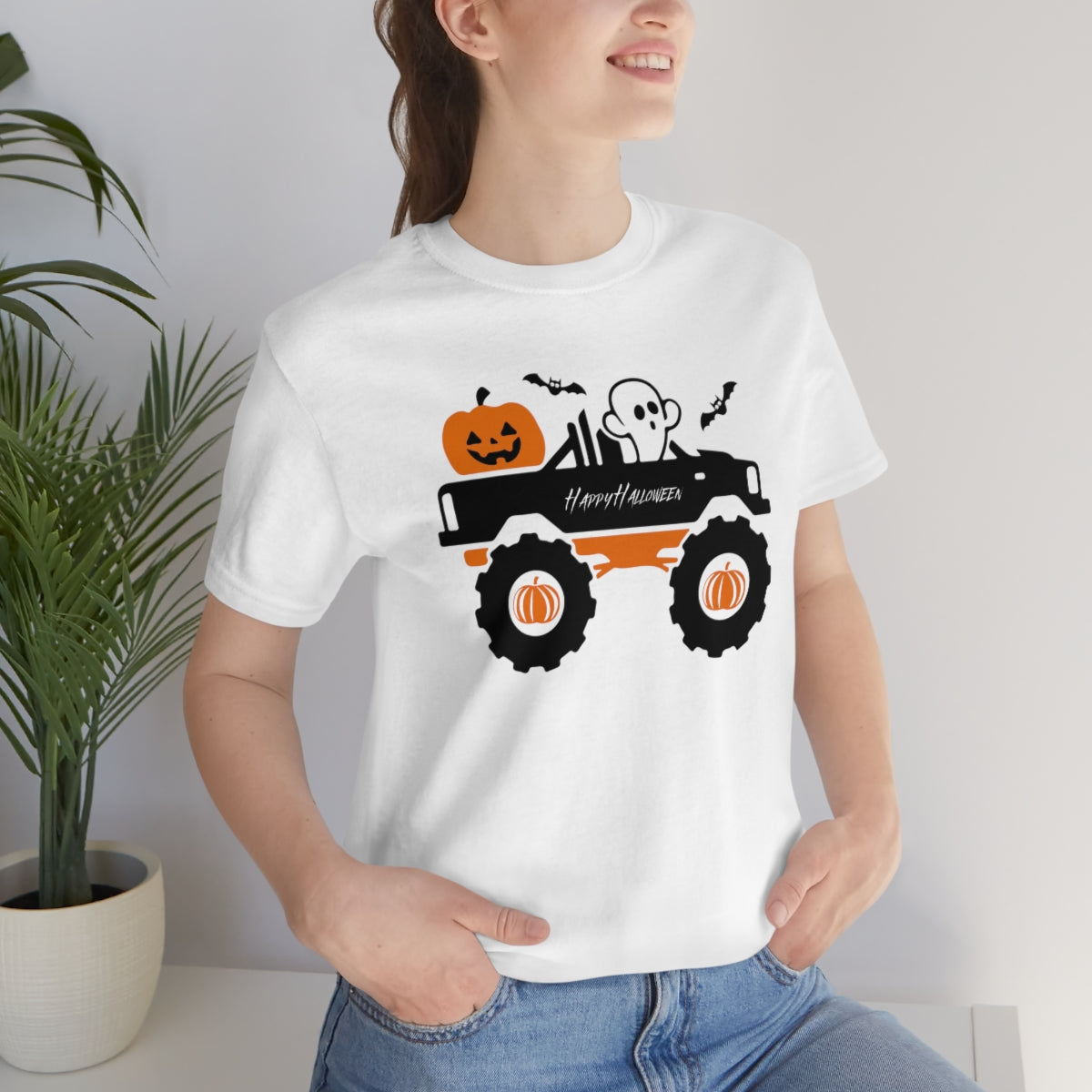 Big Rig Ghost Happy Halloween, Pumpkin Tshirt, Funny TShirt Design on Unisex Jersey Short Sleeve Tee