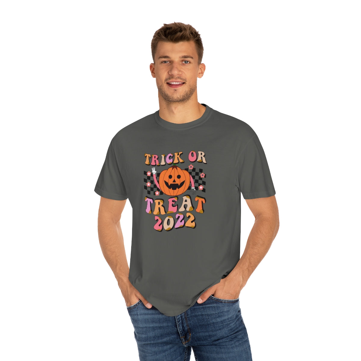 Trick or Treat Halloween 2022 Cute Retro Teeshirt Design on Unisex Garment-Dyed T-shirt