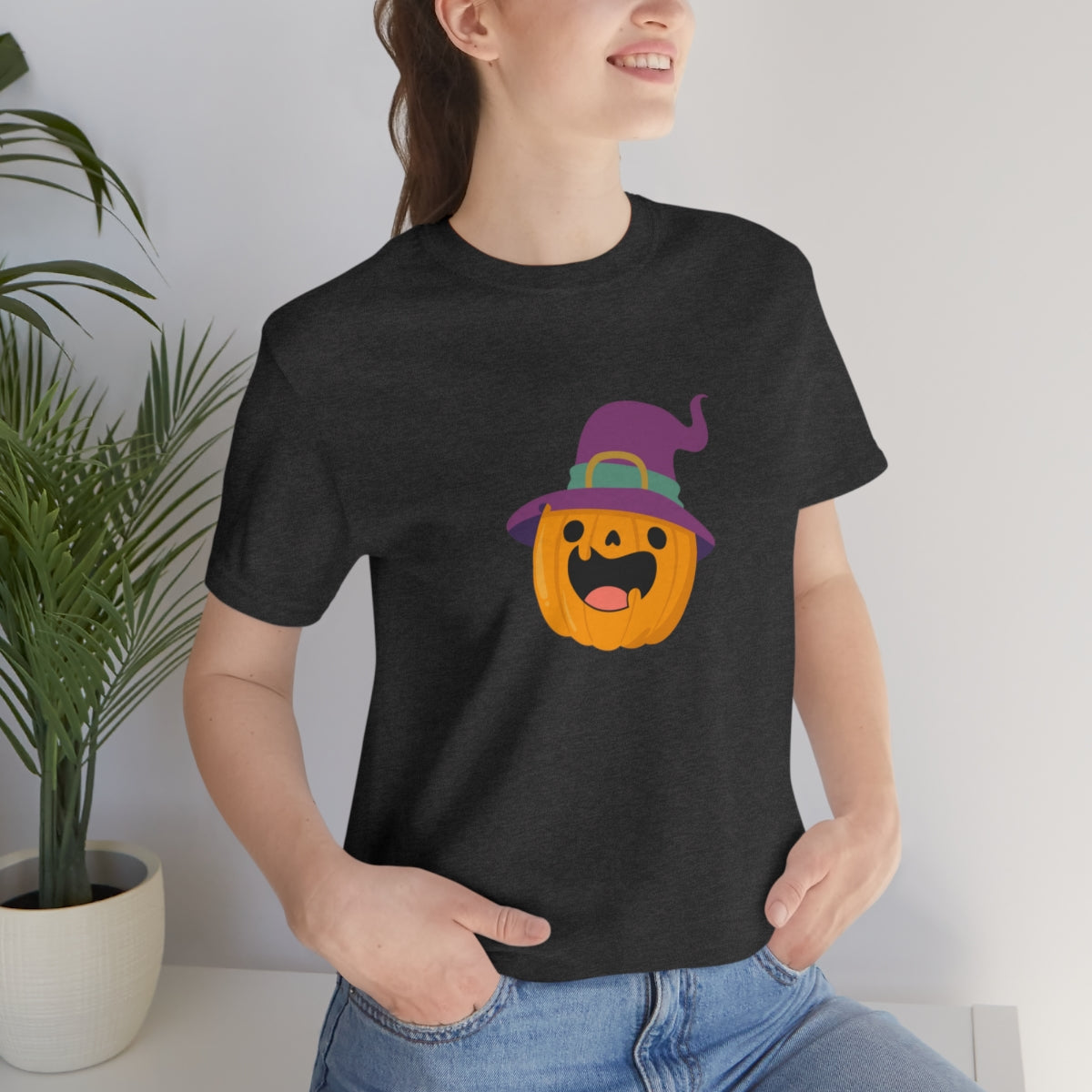 Pumpkin with Purple Hat Happy Halloween Tshirt, Funny Halloween T-Shirt Design on Unisex Jersey Short Sleeve Tee