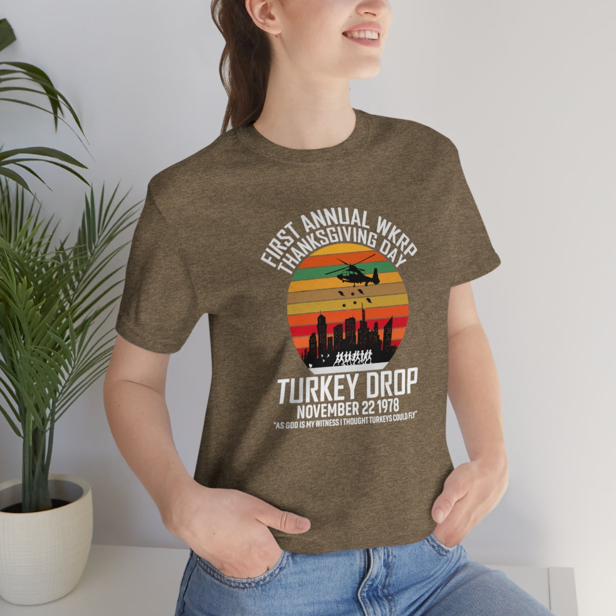 WKRP Turkey Drop Thanksgiving Teeshirt on Unisex Jersey Short Sleeve Tee