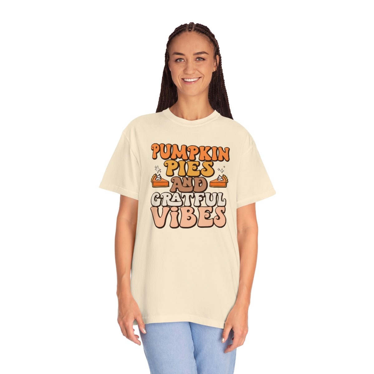 Pumpkin Pies & Grateful Vibes Thanksgiving TeeShirt Design | Thanksgiving T-Shirt | Retro Thanksgiving Shirt Design | Thanksgiving TShirt | Thanksgiving Lover Shirt | Funny Thanksgiving Tee Shirt Design on Unisex Garment-Dyed T-shirt