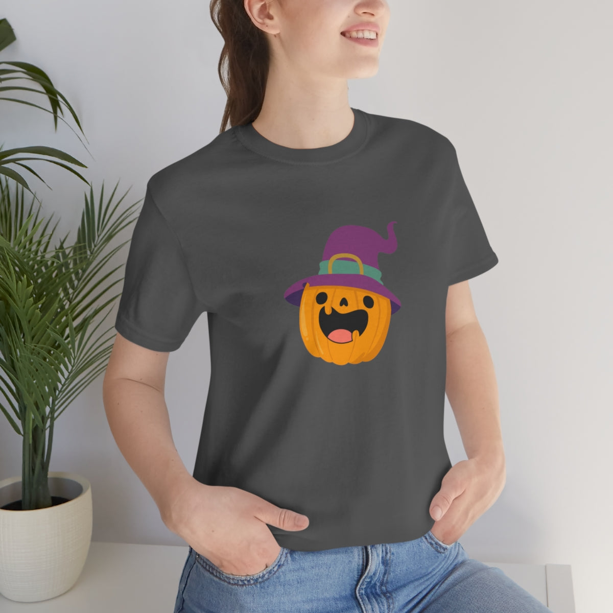 Pumpkin with Purple Hat Happy Halloween Tshirt, Funny Halloween T-Shirt Design on Unisex Jersey Short Sleeve Tee