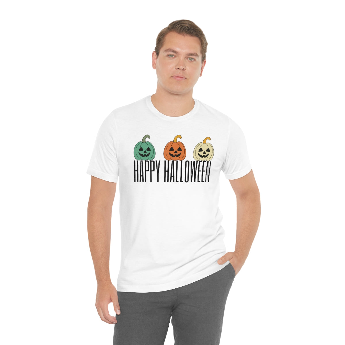 Three Pumpkins Retro Cute Happy Halloween TShirt Design on Unisex Jersey Short Sleeve Tee