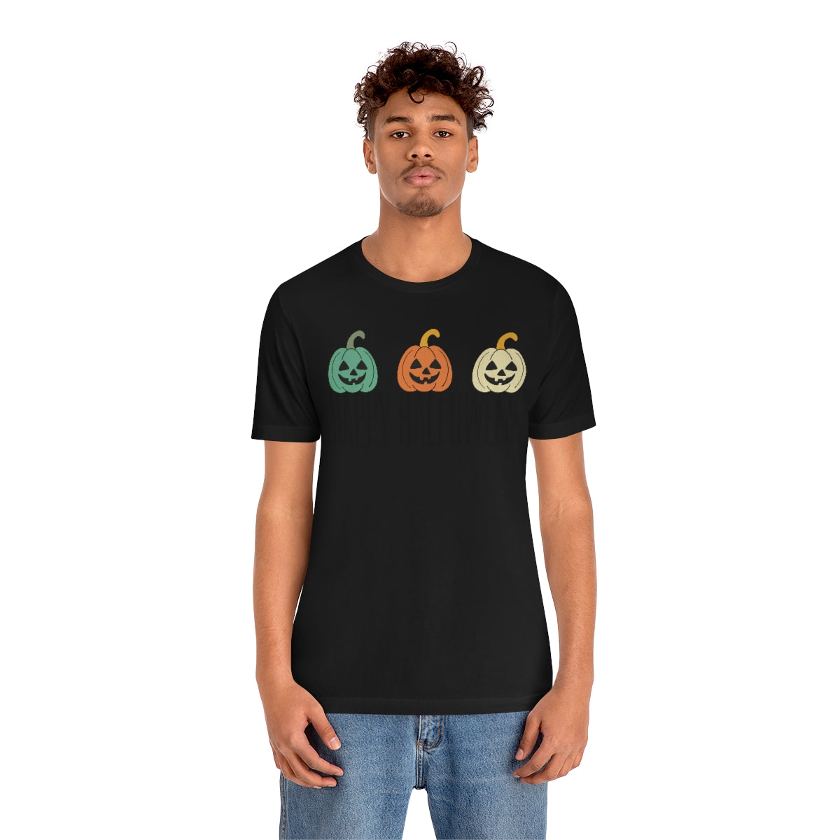 Three Pumpkins Retro Cute Happy Halloween TShirt Design on Unisex Jersey Short Sleeve Tee