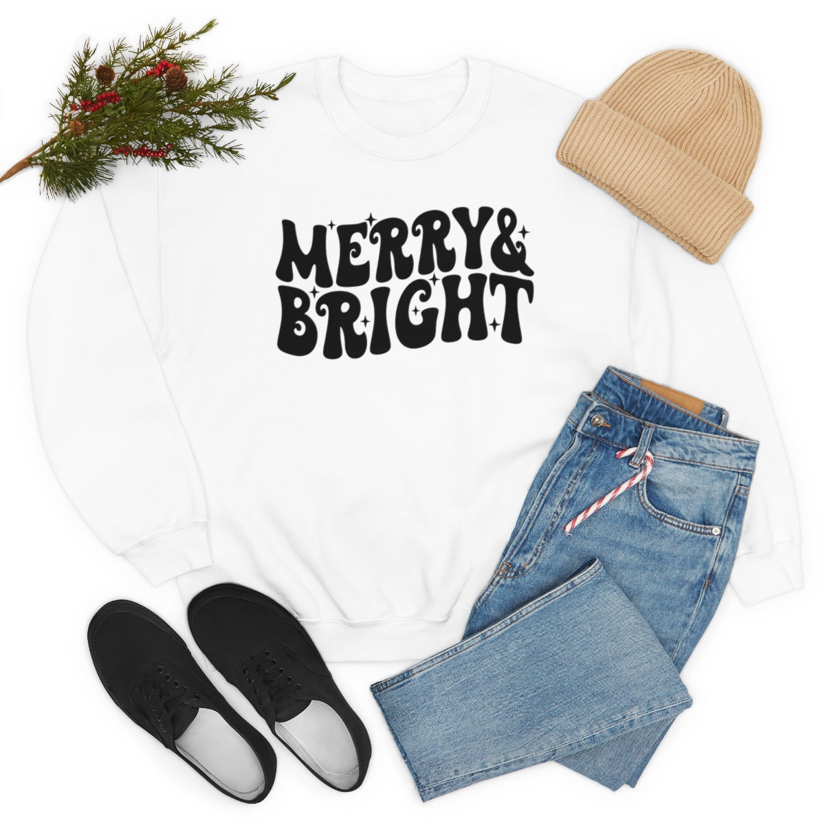 Merry and Bright Retro Lettering Design on Unisex Heavy Blend™ Crewneck Sweatshirt