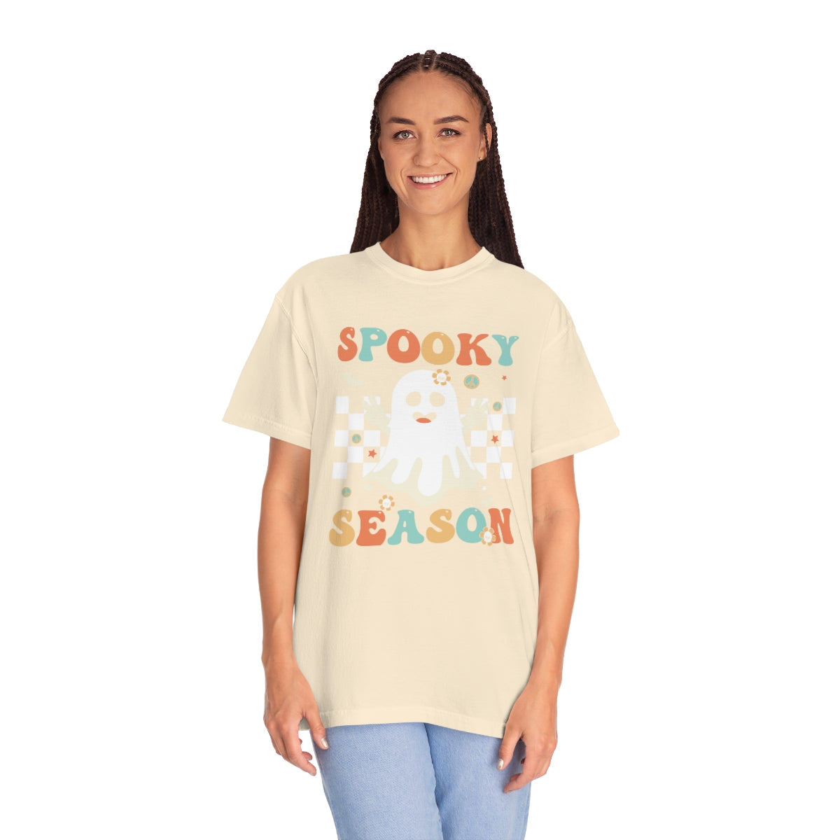 Spooky Season Halloween with Checkerboard Cute Retro Design, Halloween Tshirt, Funny Tshirt Design on Unisex Garment-Dyed T-shirt