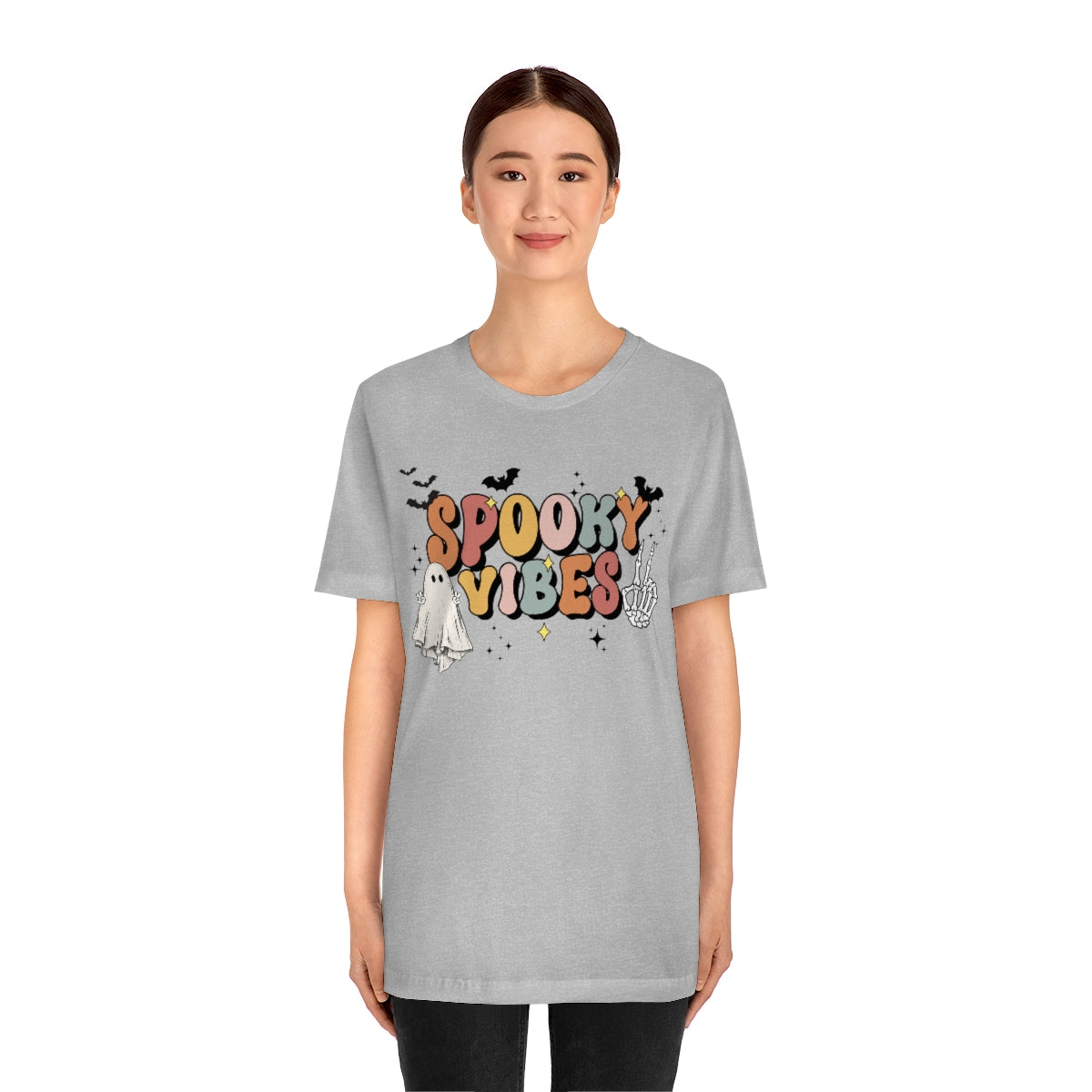 Spooky Vibes Retro Letters with Ghost TShirt, Funny Shirt, Halloween Lover Gift on Unisex Jersey Short Sleeve Tee