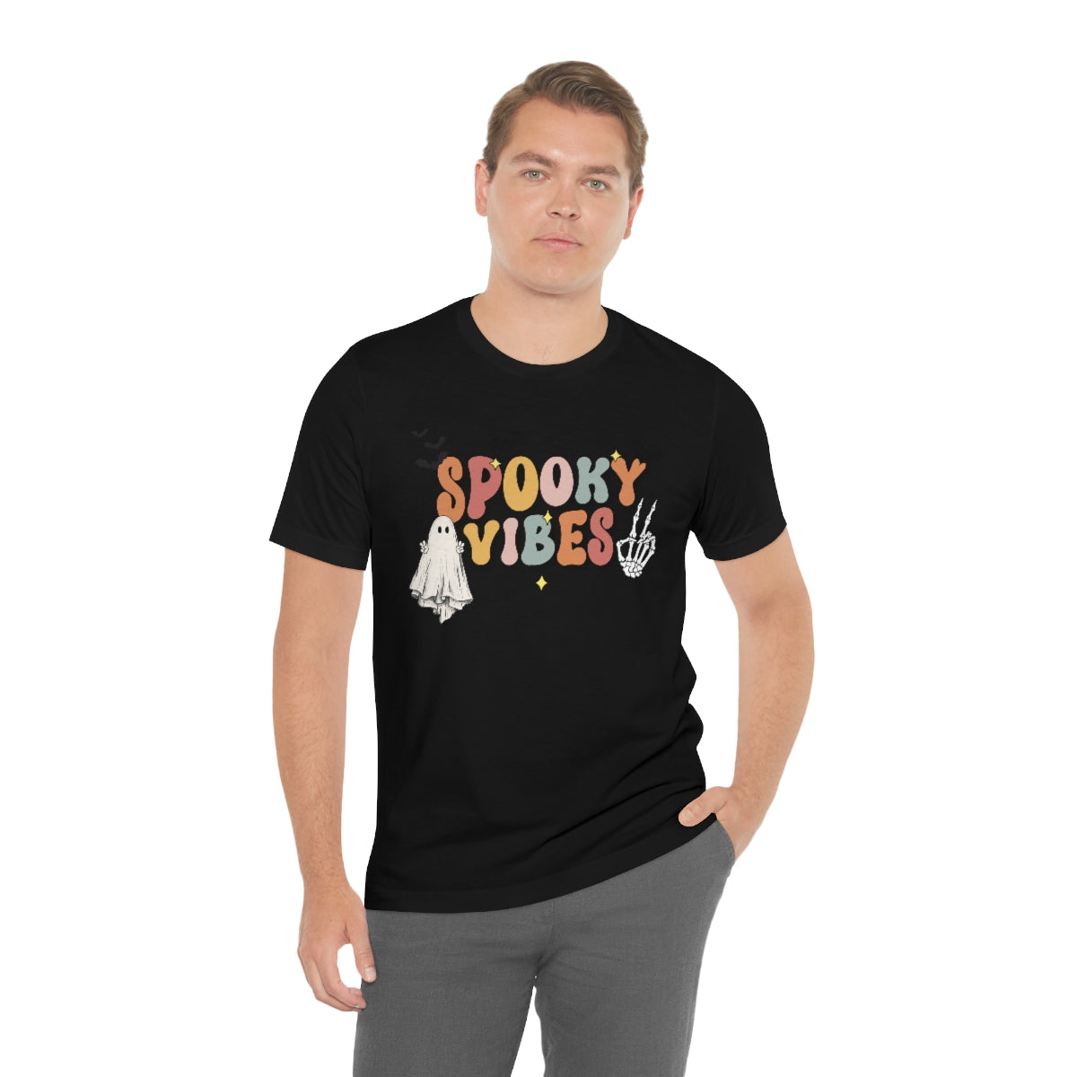 Spooky Vibes Retro Letters with Ghost TShirt, Funny Shirt, Halloween Lover Gift on Unisex Jersey Short Sleeve Tee