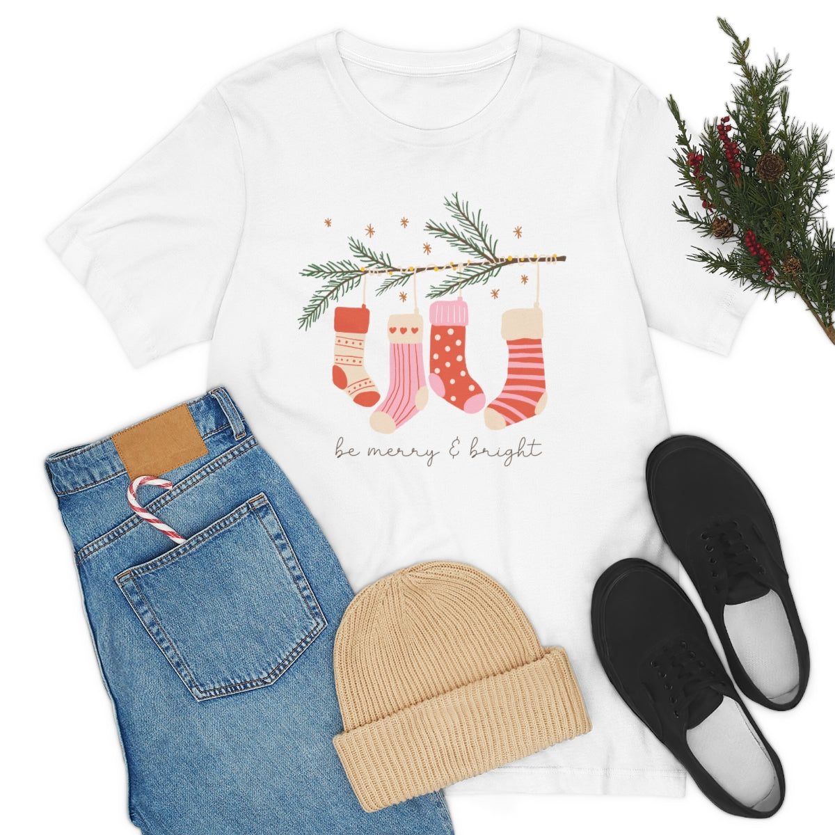 Be Merry & Bright Stockings Christmas Tshirt