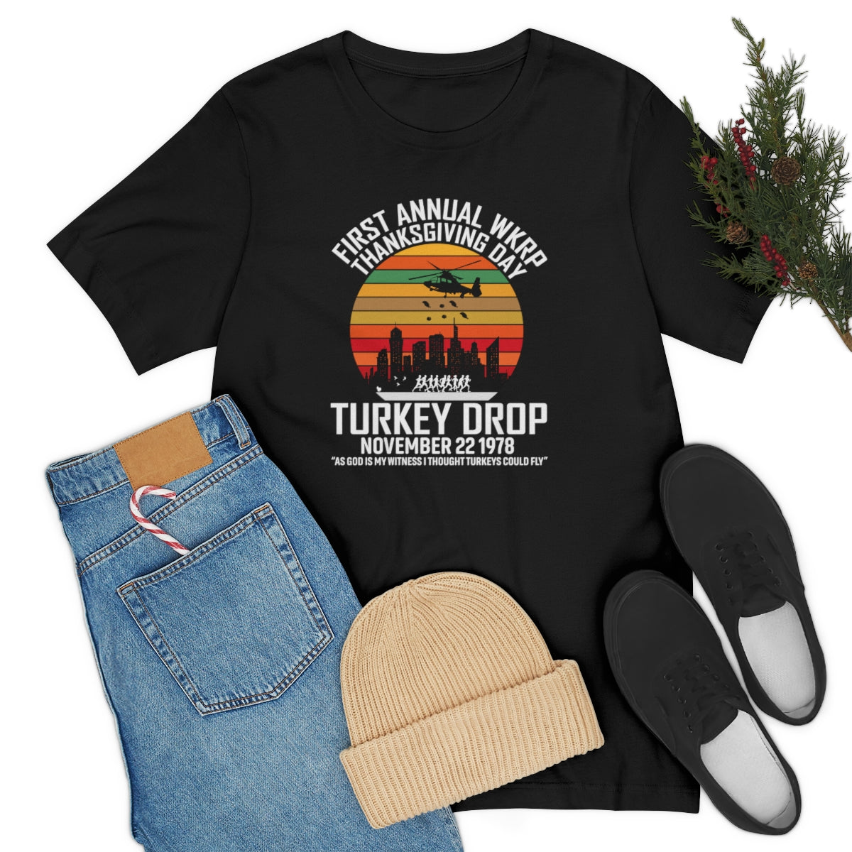 WKRP Turkey Drop Thanksgiving Teeshirt on Unisex Jersey Short Sleeve Tee